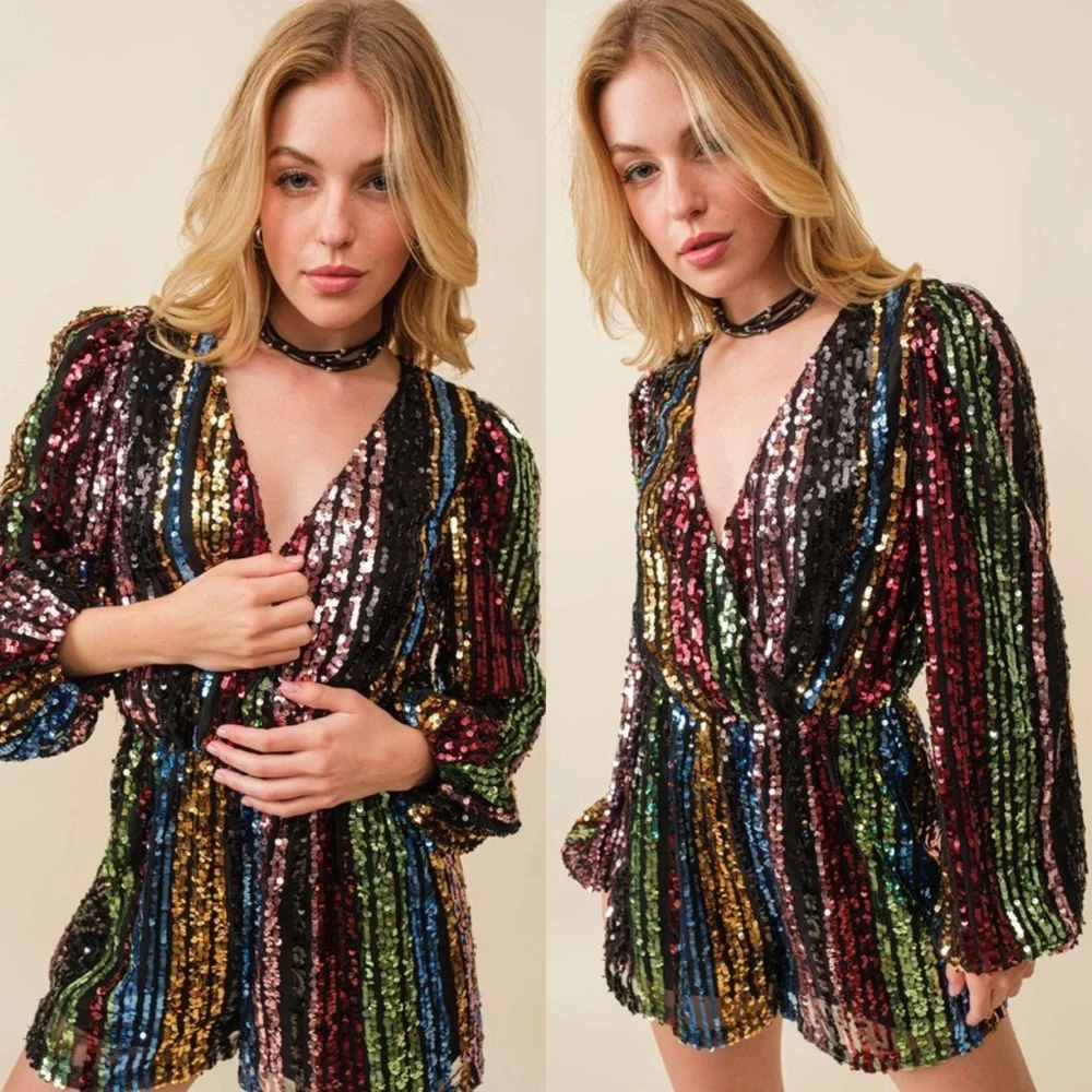 Turn Up The Volume Multicolor Sequin Striped Romper - Picture 6 of 7